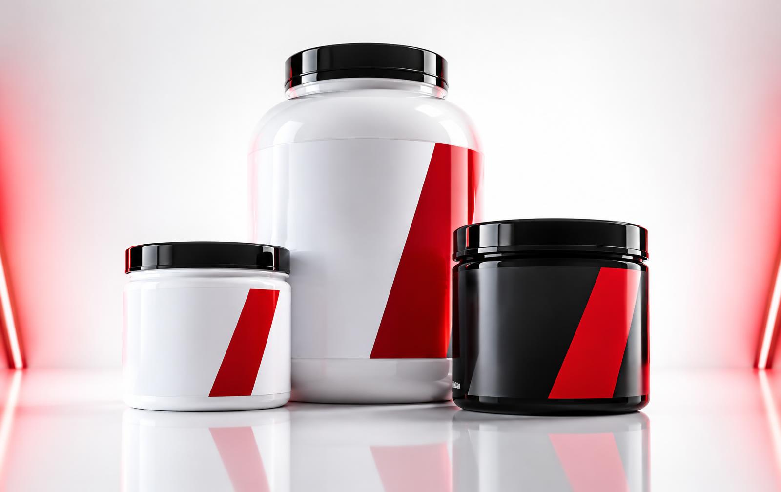 Suplementos premium em embalagens pretas com detalhes vermelhos